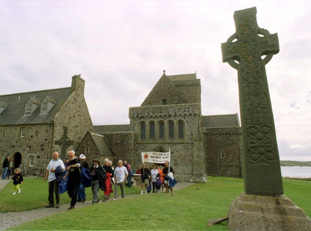 A group of walkers depart from Iona Abbey on the 1999 Pilgrimage Against Poverty.
