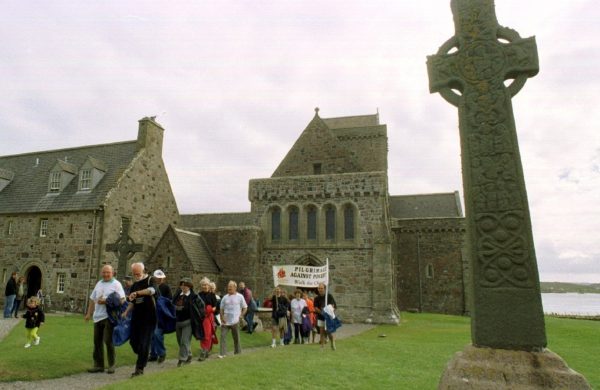 A group of walkers depart from Iona Abbey on the 1999 Pilgrimage Against Poverty.