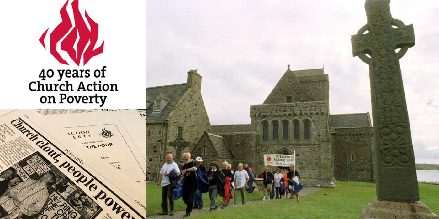 A collage showing Church Action on Poverty's logo, a press cutting headed "Church clout, people power" and pilgrims leaving Iona Abbey in 1999