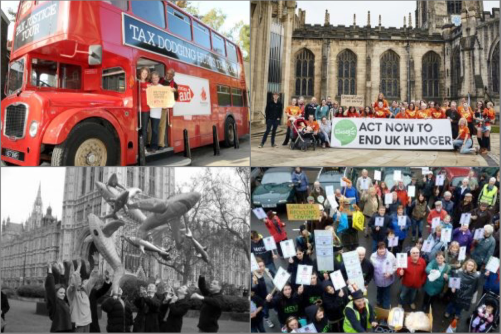 Photos from 4 past campaigns: the tax justice bus, an End Hunger UK event in Sheffield, a crowd supporting participatory budgeting, and campaigners with inflatable sharks calling for action on loan sharks