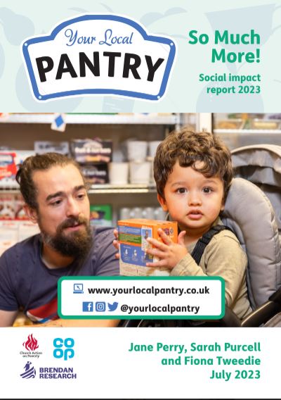 The cover of the 2023 Your Local Pantry social impact report, showing a man and toddler in Hope Pantry in Merthyr Tydfil.