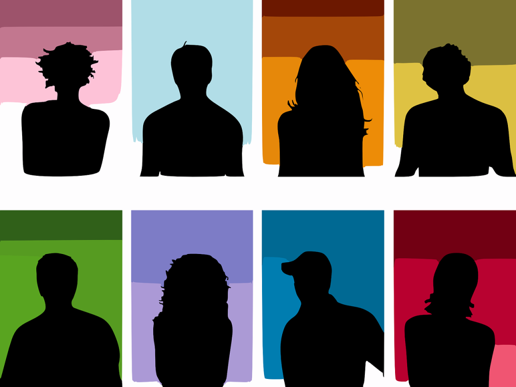 Silhouettes of eight people, against different coloured backgrounds
