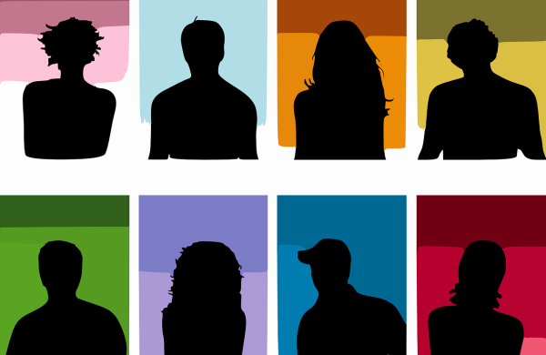 Silhouettes of eight people, against different coloured backgrounds
