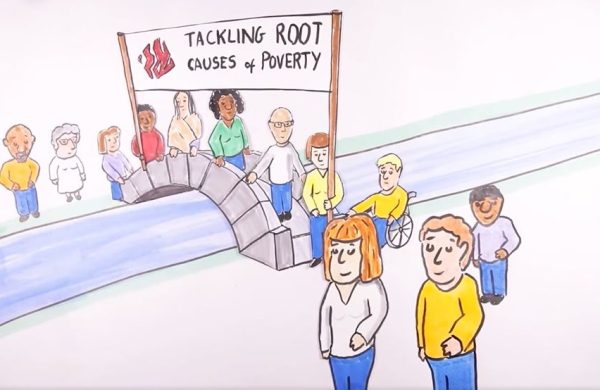 A still from a hand-drawn video, showing people crossing a bridge, holding a banner that says "Tackling root causes of poverty"