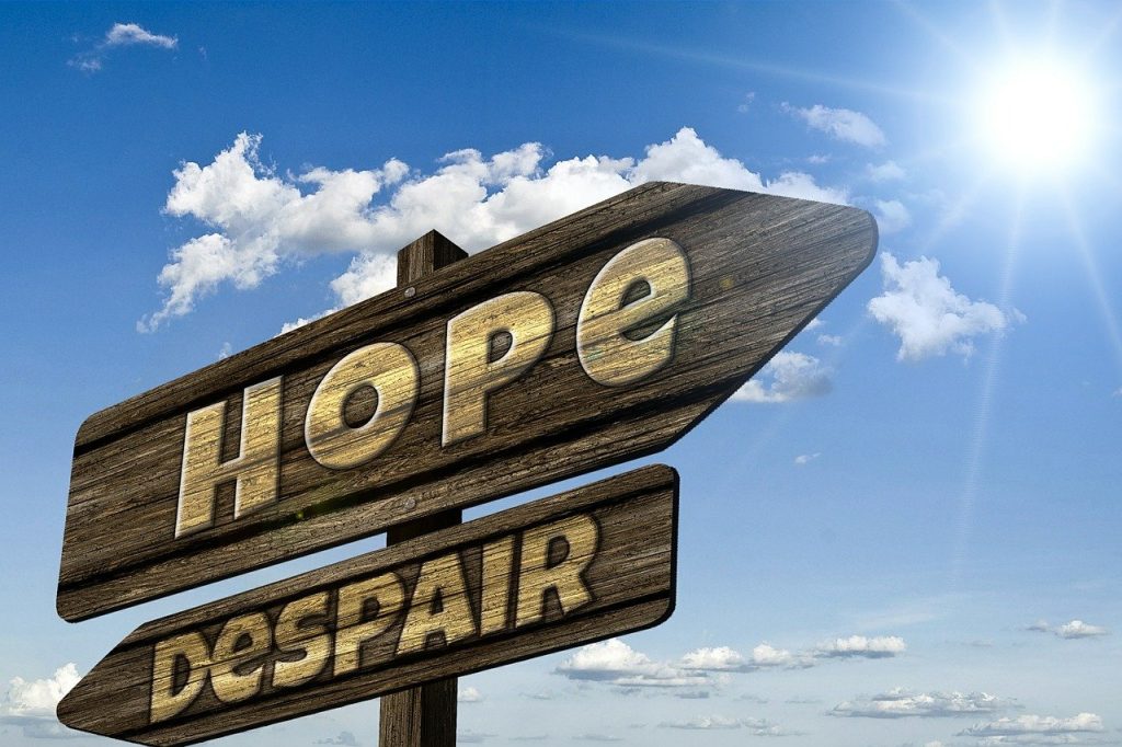 A signpost pointing forward to "Hope" in large letters, with "despair" in smaller text pointing the opposite way