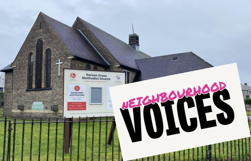 Mt Tabor Methodist Church in Sheffield, with a "Neighbourhood Voices" logo superimposed.