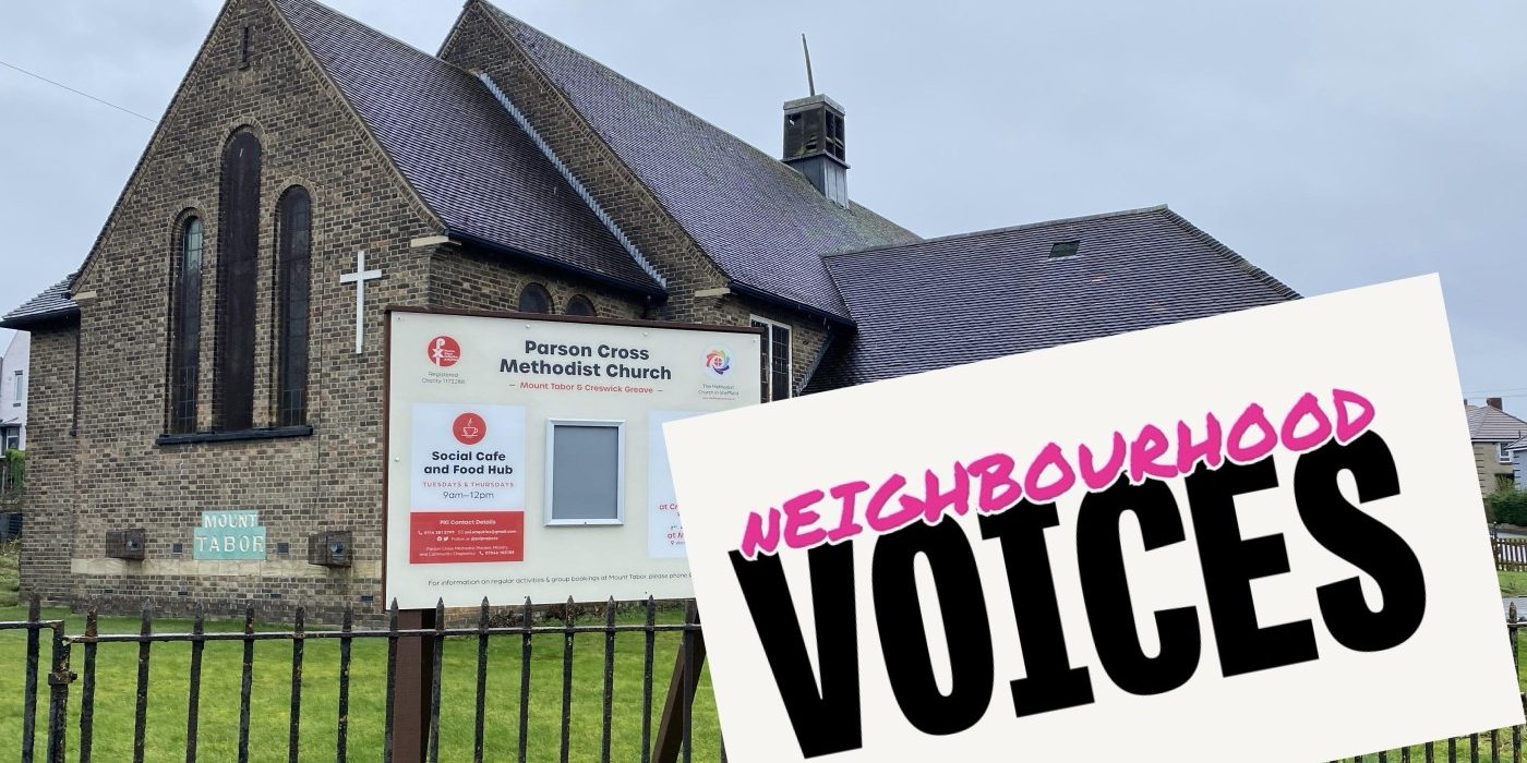 Mt Tabor Methodist Church in Sheffield, with a "Neighbourhood Voices" logo superimposed.