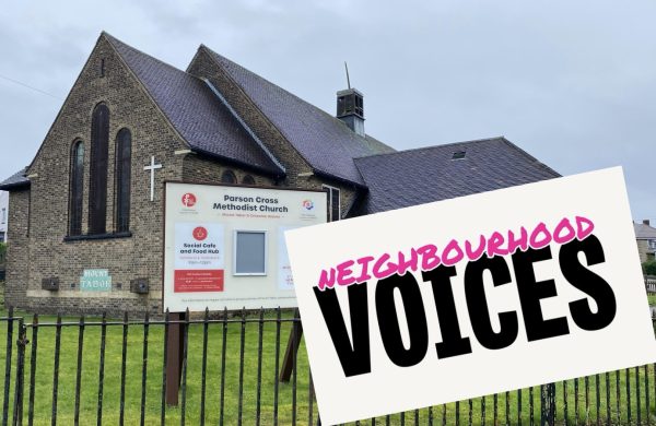 Mt Tabor Methodist Church in Sheffield, with a "Neighbourhood Voices" logo superimposed.