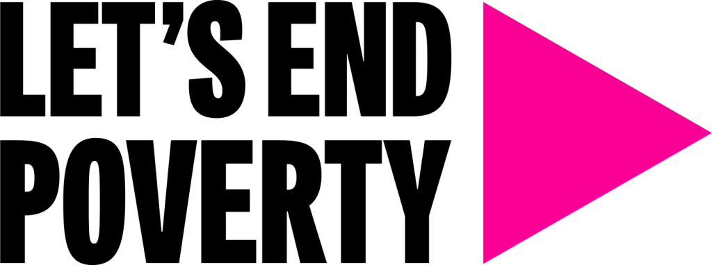 Let's End Poverty logo: text in black, with a pink triangle logo