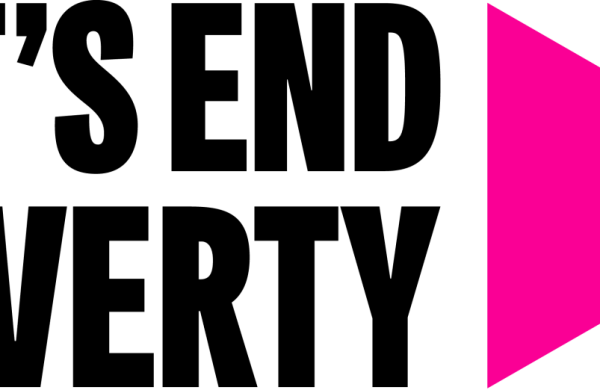 Let's End Poverty logo: text in black, with a pink triangle logo
