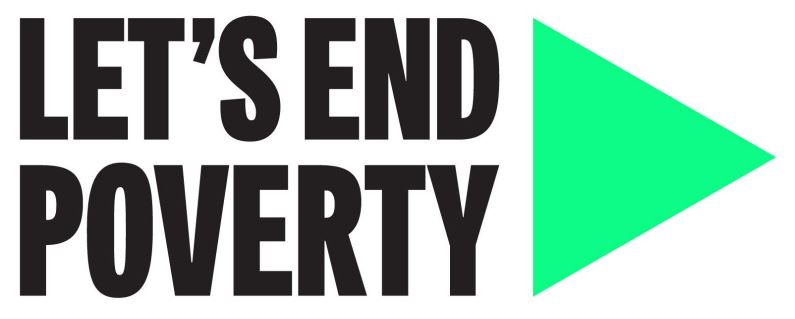Let's End Poverty in bold black text, beside a green 'play' icon.