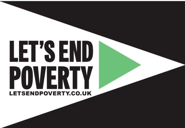 Let's End Poverty in bold black text, beside a green 'play' icon.