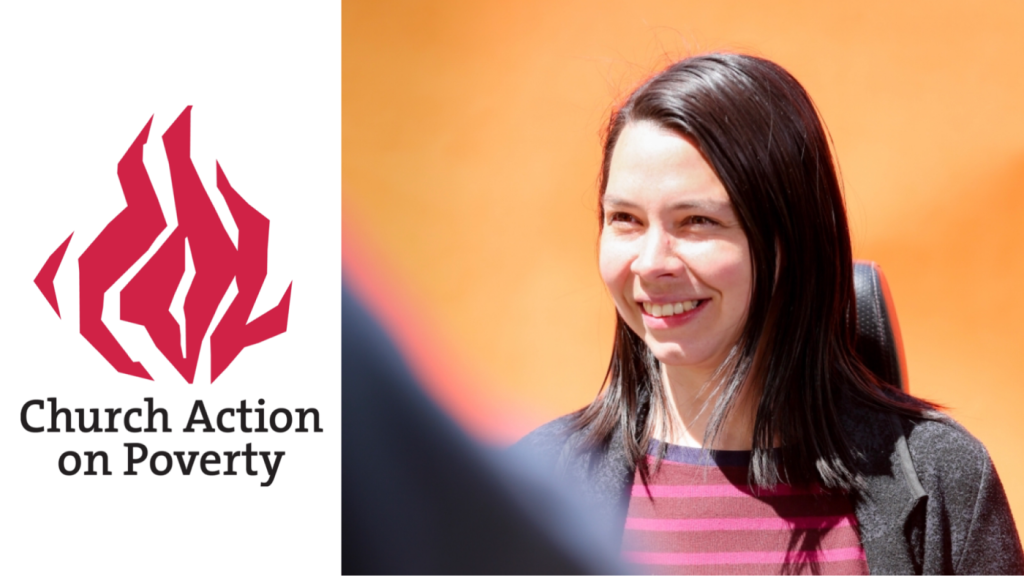 Church Action on Poverty's logo, beside a headshot of Stef Benstead