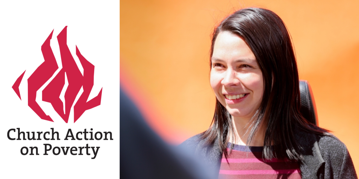 Church Action on Poverty's logo, beside a headshot of Stef Benstead