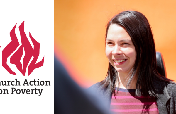 Church Action on Poverty's logo, beside a headshot of Stef Benstead