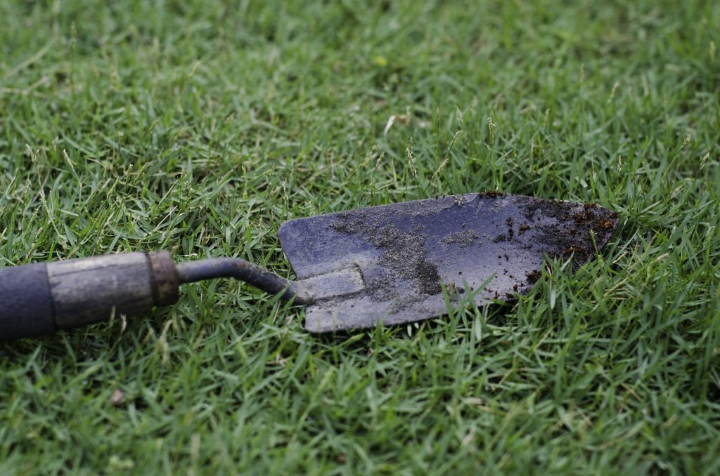 Stock image: a trowel on grass