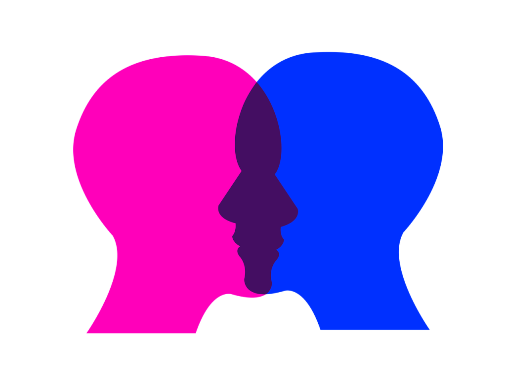 A graphic of two overlapping head silhouettes, one in pink, one blue