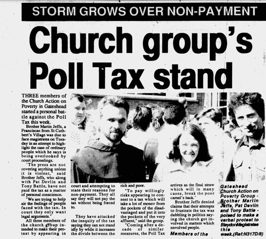 A newspaper cutting headed: "Church group's poll tax stand"
