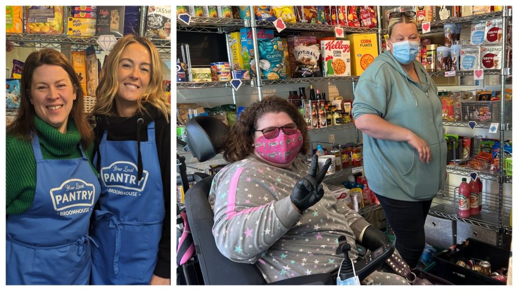 A photo of two volunteers in Your Local Pantry aprons, beside a photo of two members shopping