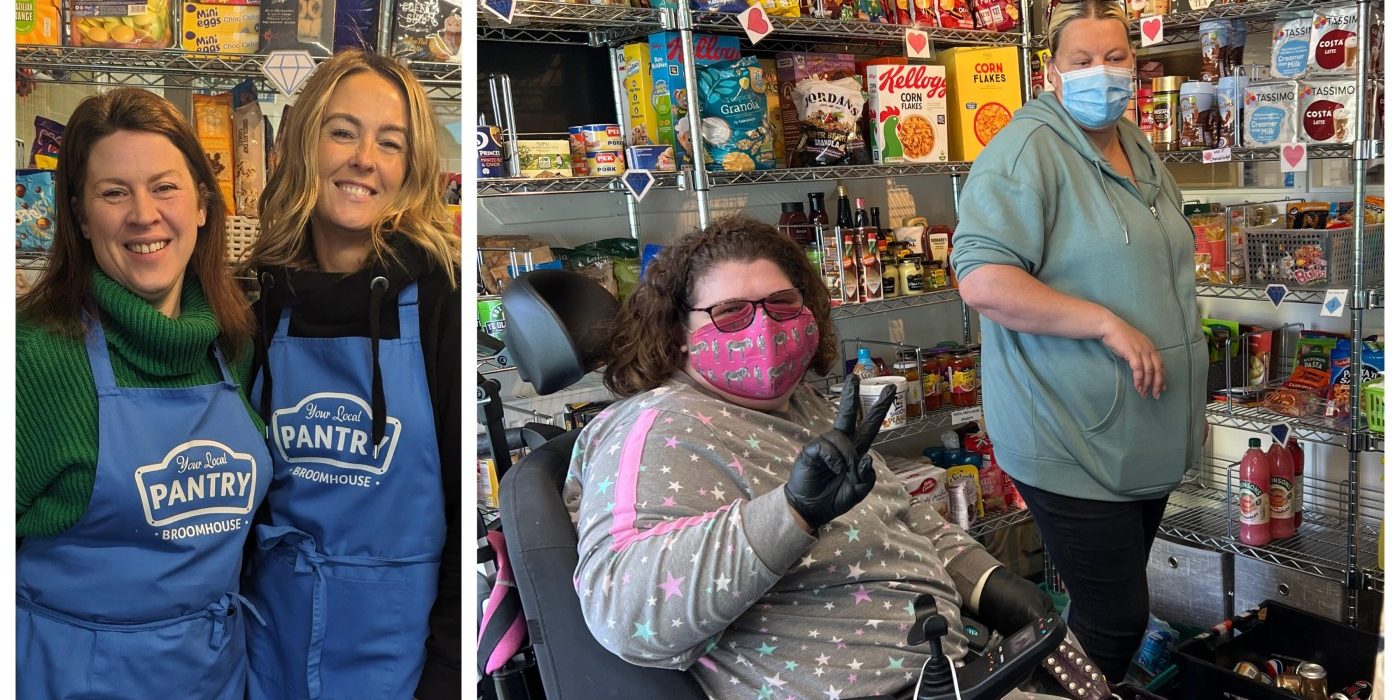 A photo of two volunteers in Your Local Pantry aprons, beside a photo of two members shopping