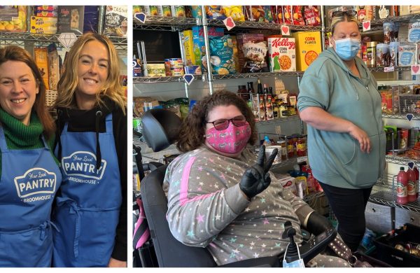 A photo of two volunteers in Your Local Pantry aprons, beside a photo of two members shopping