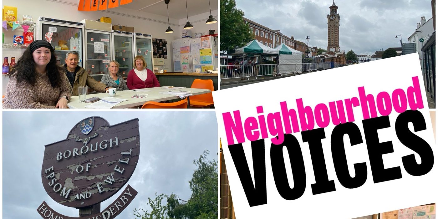 Three photos of Epsom and Epsom Pantry, with the Neighbourhood Voices logo