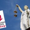 A stock image of a Lady Justice statue, with the Church Action on Poverty logo alongside