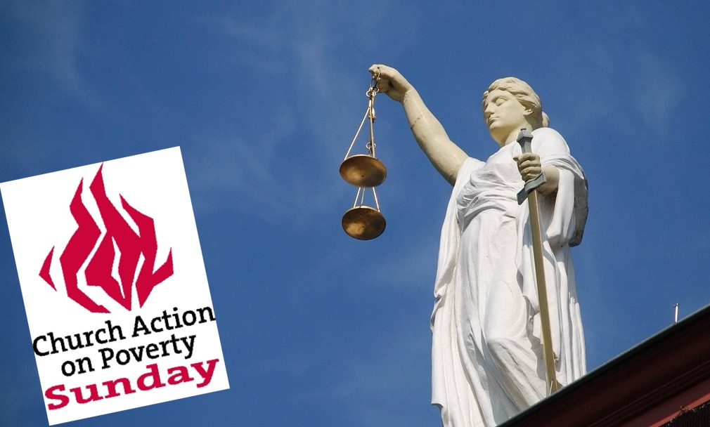 A stock image of a Lady Justice statue, with the Church Action on Poverty logo alongside
