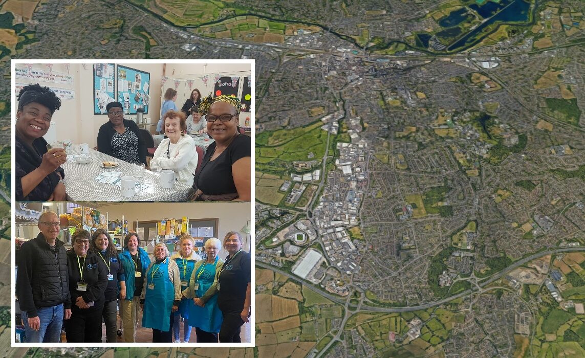 An aerial view of Reading, with two group photos overlaid. One shows a group of volunteers in a line; the other shows four people around a table smiling.