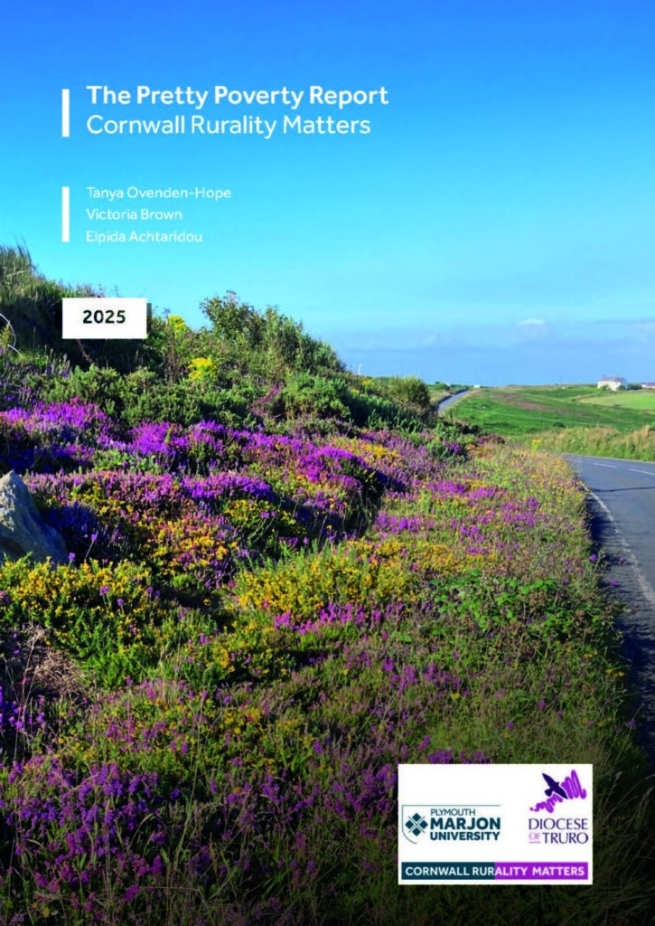 The cover of the Pretty Poverty report: a colourful rural scene, with purple flowers in the foreground