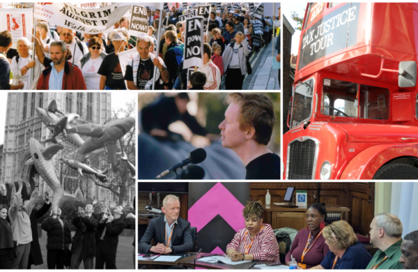 A collage of five photos of Church Action on Poverty events over the past 28 years